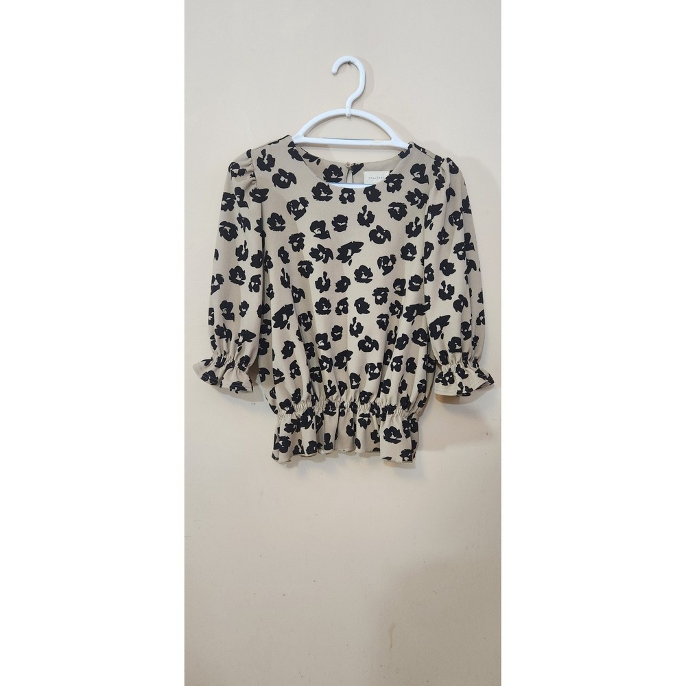 Melloday Smocked Peplum Blouse Top Womens Size M Beige and Black Floral Knit